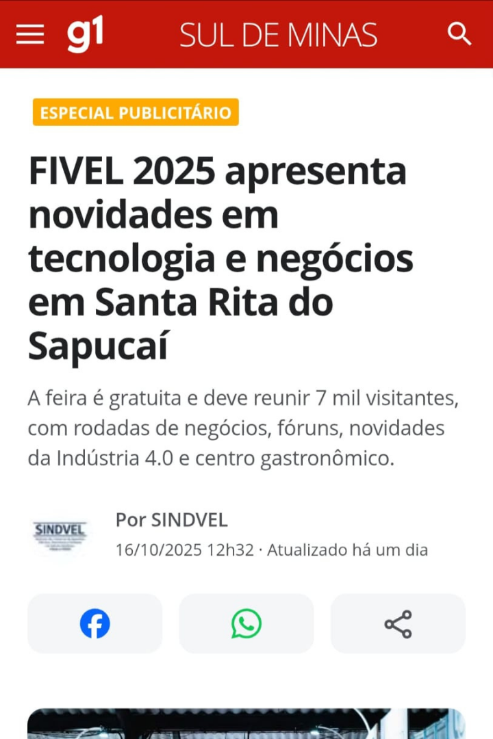 Print da notícia 'FIVEL 2025 apresenta novidades em tecnologia e negócios em Santa Rita do Sapucaí' no G1